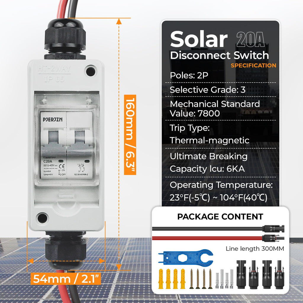 Pjerjzn Solar Panel Disconnect Switch 400V DC/AC 20A Miniature Circuit Breaker with DIN Rail Box Enclosure Outdoor Small Breaker Box IP65 Waterproof UV-Proof for Solar PV Homes, Battery (20 Amp)