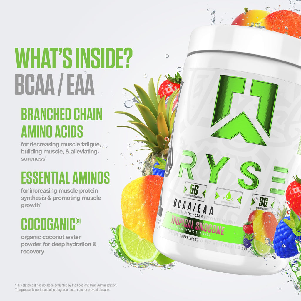 RYSE BCAA EAA Powder - Tropical Snocone - 5g Branched Chain Amino Acids, 3g Essential Aminos, Sugar-Free Electrolytes for Pre & Post Workout Muscle Recovery, Hydration and Strength - 30 Servings