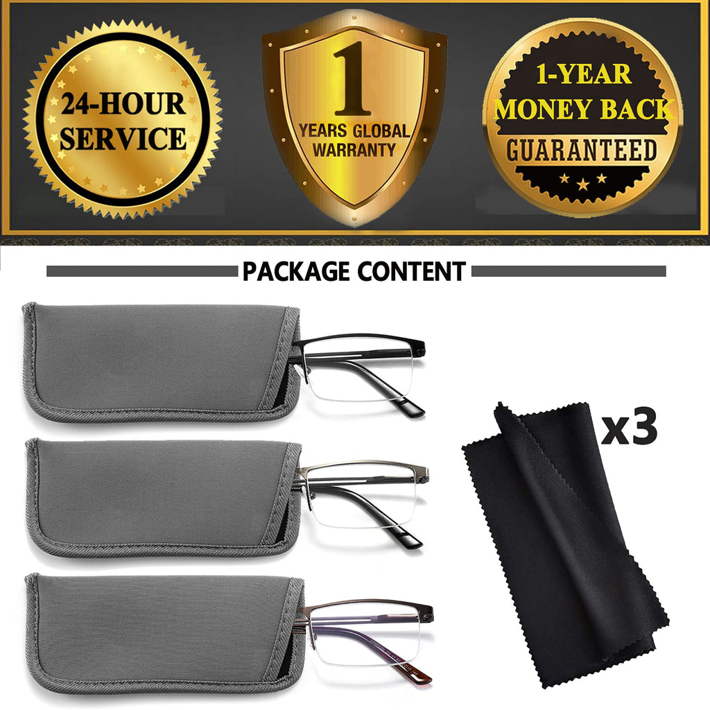 JJWELL 3 Pack Blue Light Reading Glasses for Men, Lightweight Metal Rectangle Semi Rimless Readers for Men, Anti Eyestrain/Computer Glare/UV, Half Frame Spring Hinge Eyeglasses with Pouches