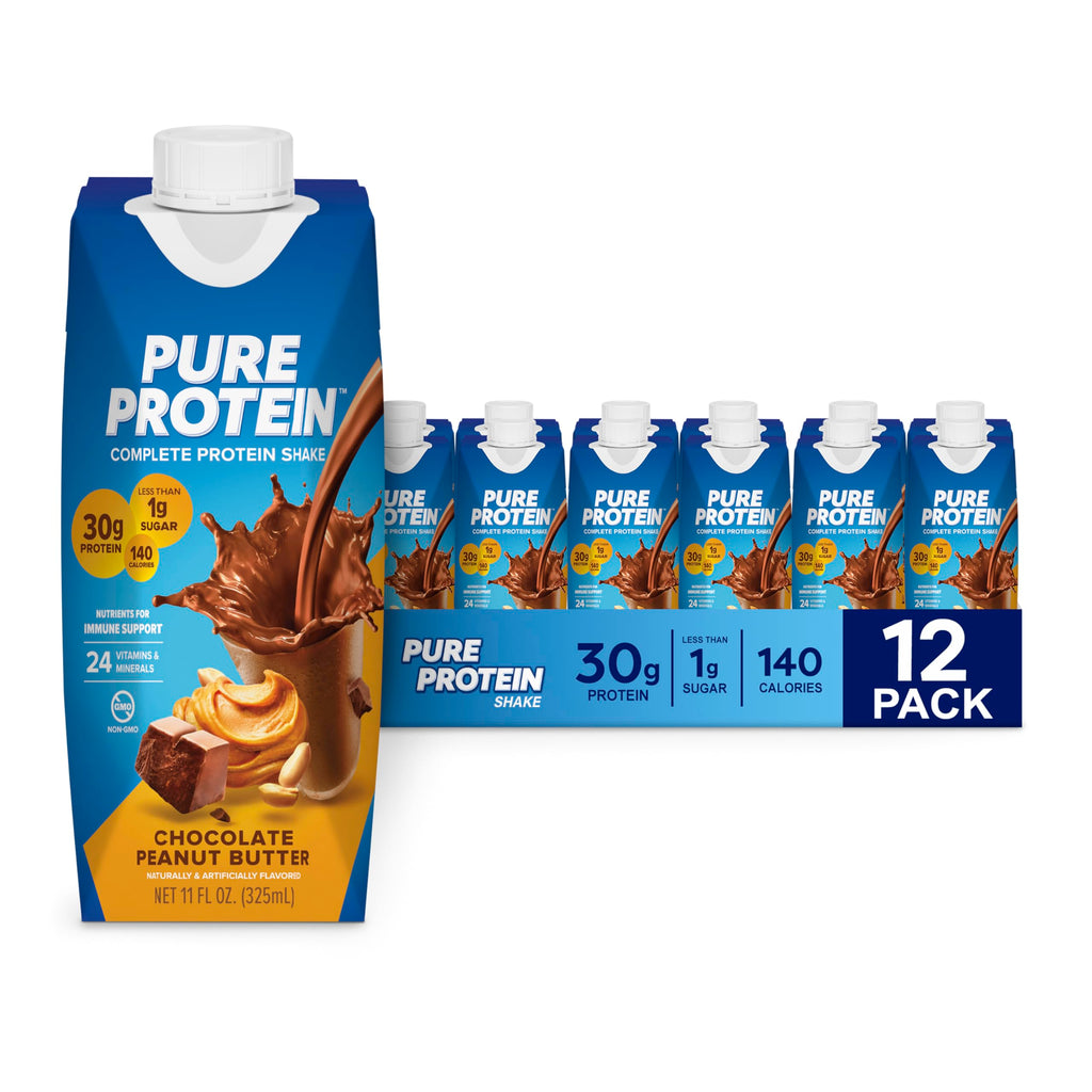Pure Protein Complete Protein Shake, Chocolate Peanut Butter, 30g High Protein Drink, Less than 1g Sugar, 3g Fiber, Ready to Drink, Non GMO, On-the-Go Shakes, 11oz Bottles, 12 Pack