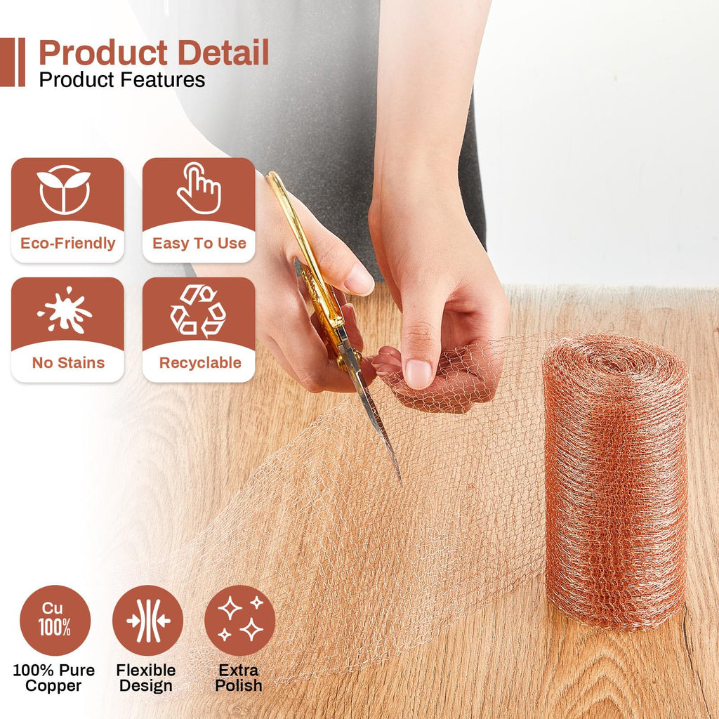 Gisafai 8'' x 150 ft Copper Mesh Rodent Control Copper Wool for Slugs Rustproof DIY Hole Filler Pure Wire Mesh for Bat Snail Bird Pest Rodent Control Gap Blocker Fill Fabric Hole Gardening(1 Roll)