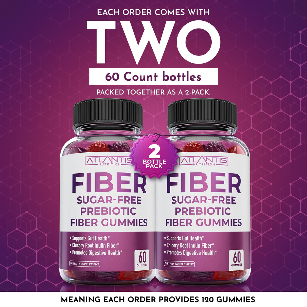 Atlantis Nutrition Sugar Free Fiber Gummies for Adults - 5G Fiber Supplement Formulated with 5.4G Prebiotic Digestive Blend - Supports Gut Health & Promotes Healthy Digestion - 2-Pack 120 Gummies