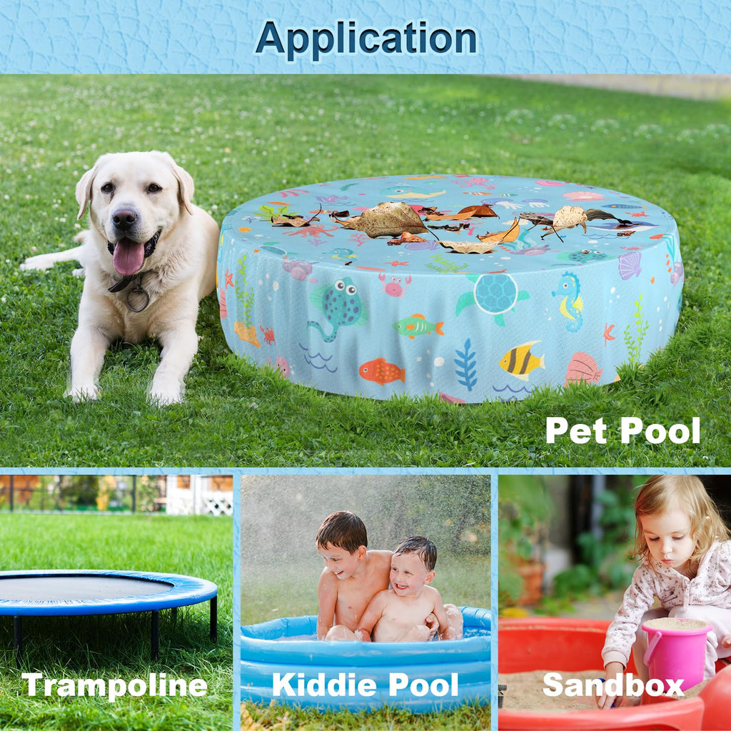 Docuwee Round Pool Cover 63"(5 Ft), Foldable Kiddie Solar Cover Fit Dog Swimming Pool, Pets Kids Bath Tub, Anti-UV Dustproof Safety Pool Cover with Cute Ocean Animals Pattern
