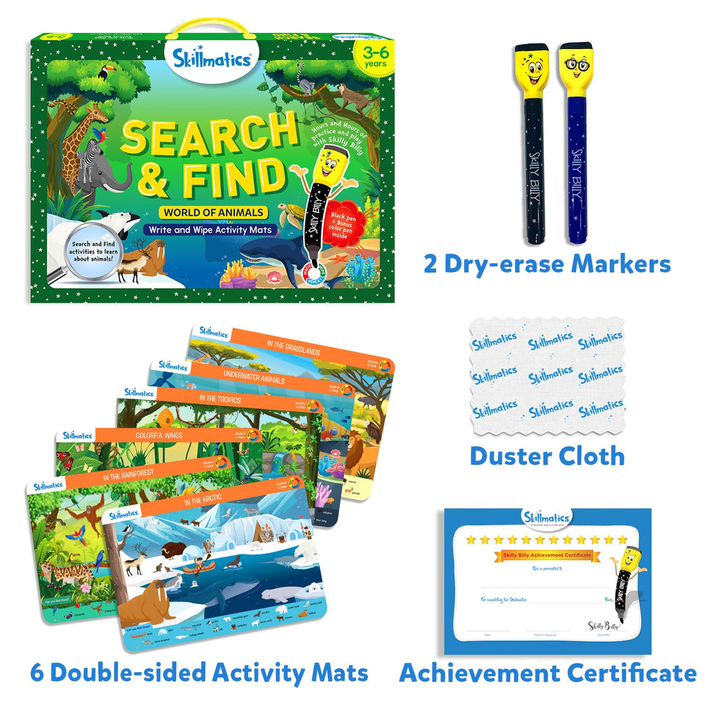 Skillmatics Search and Find Animals Educational Game - Reusable Preschool Learning Activities, Perfect for Toddlers & Kids Who Love Toys, Art & Crafts, Builds Vocabulary, Gifts for Ages 3, 4, 5, 6