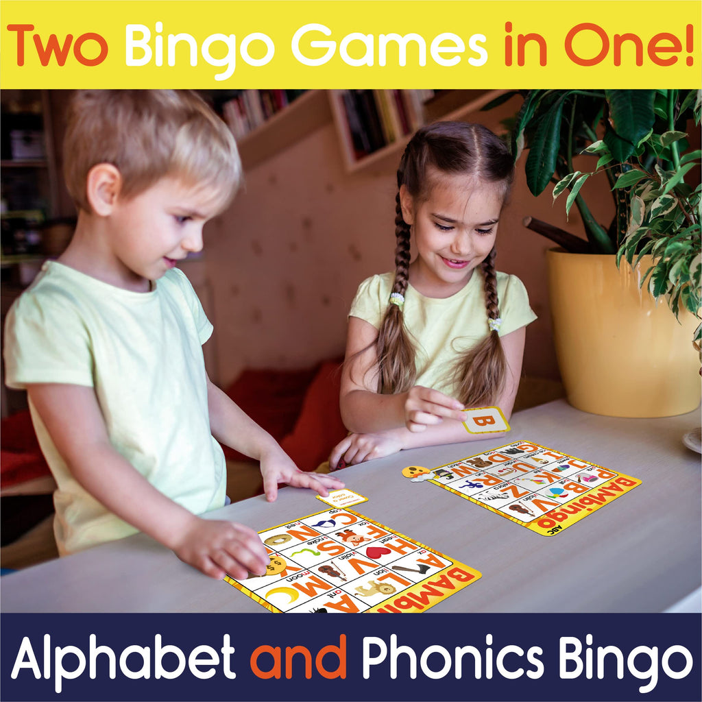 THE BAMBINO TREE Alphabet and Phonics Bingo - ABC Learning Letter Recognition and CVC Words with Pictures - Phonics Games for Kids Ages 3-7 yrs Preschool Kindergarten
