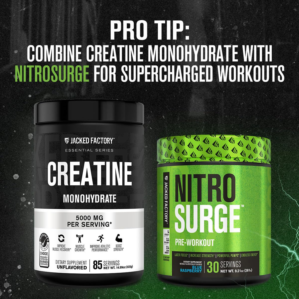 Jacked Factory Creatine Monohydrate Powder 425g - 5g Daily Creatine Supplement for Men and Women, Vegan-Friendly, Third-Party Tested - 85 Servings, Unflavored