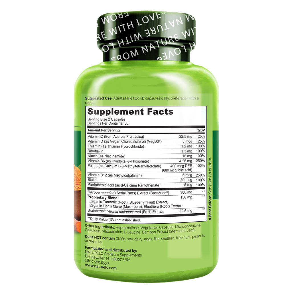 NATURELO Whole Food Brain Supplement - Brain Health Supplements for Memory & Focus Support - Enhance Brain Health Blend Supplement for Adults - 60 Vegetarian Capsules