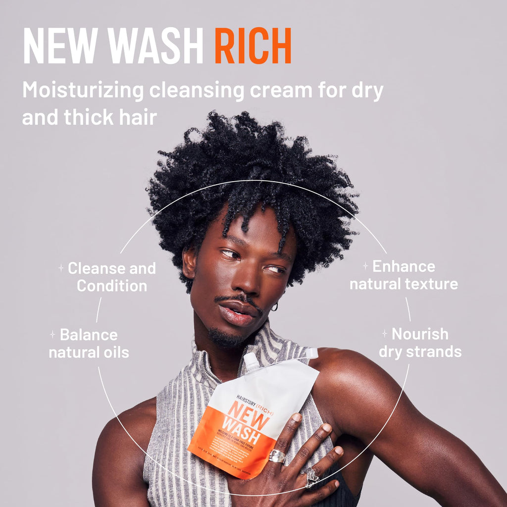 Hairstory New Wash Rich with Scalp Brush, Ultra-Moisturizing Cleansing Cream for Dry & Thick Hair, Shampoo & Conditioner Alternative, Restores Softness & Shine, 8oz
