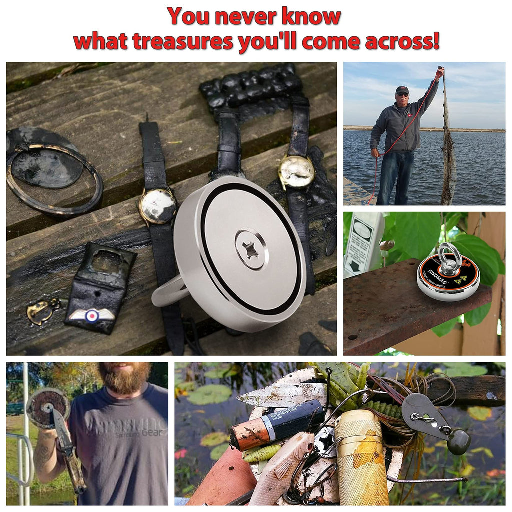 FINDMAG 1000 LBS Pulling Force Magnet Fishing Kit Fishing Magnets with Rope, Premum Kit for Retrieving in River and Magnet Fishing - 3.54 inch (90 mm) Diameter, Gift Ready
