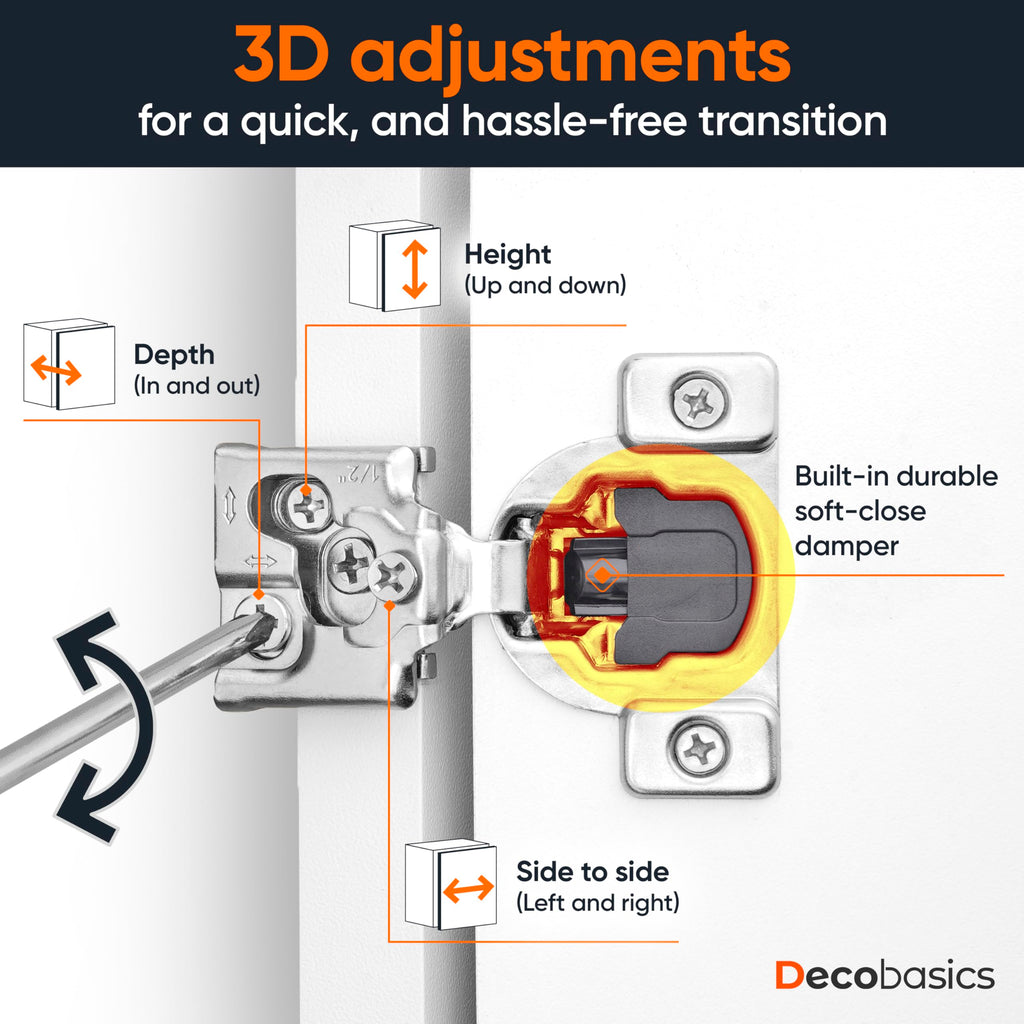Decobasics 30 Pack Soft Close Cabinet Hinges – 1/2" Overlay for Kitchen Cabinet Doors, Slow Self-Closing Concealed Hidden Hinges for Face Frame –Stainless Steel, 3-Way Adjustable & Quiet Close Damper
