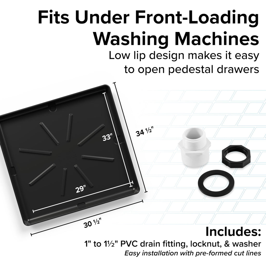 Camco Low Profile Washing Machine Drain Pan with PVC Fitting - 29 inch x 33 inch ID and 30.5 inch x 34.5 inch OD - Protects Your Floors from Washing Machine Leaks - Easy to Use - Graphite - 20784