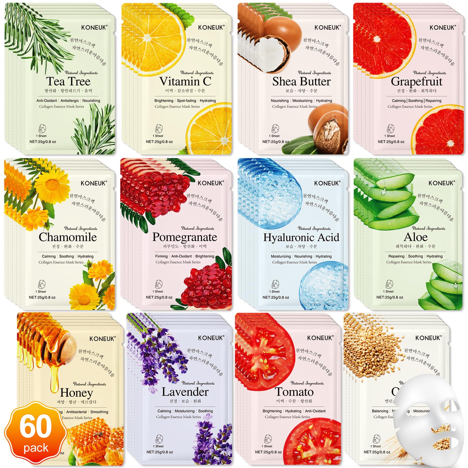 KONEUK 60 Pack Collagen Essence Face Masks Skincare for Women, Hydrating Sheet Face Masks Suitable for Dry and Sensitive Skin, Bulk Facial Masks for Women Skin Care, Face Mask Gifts Set for Spa Party