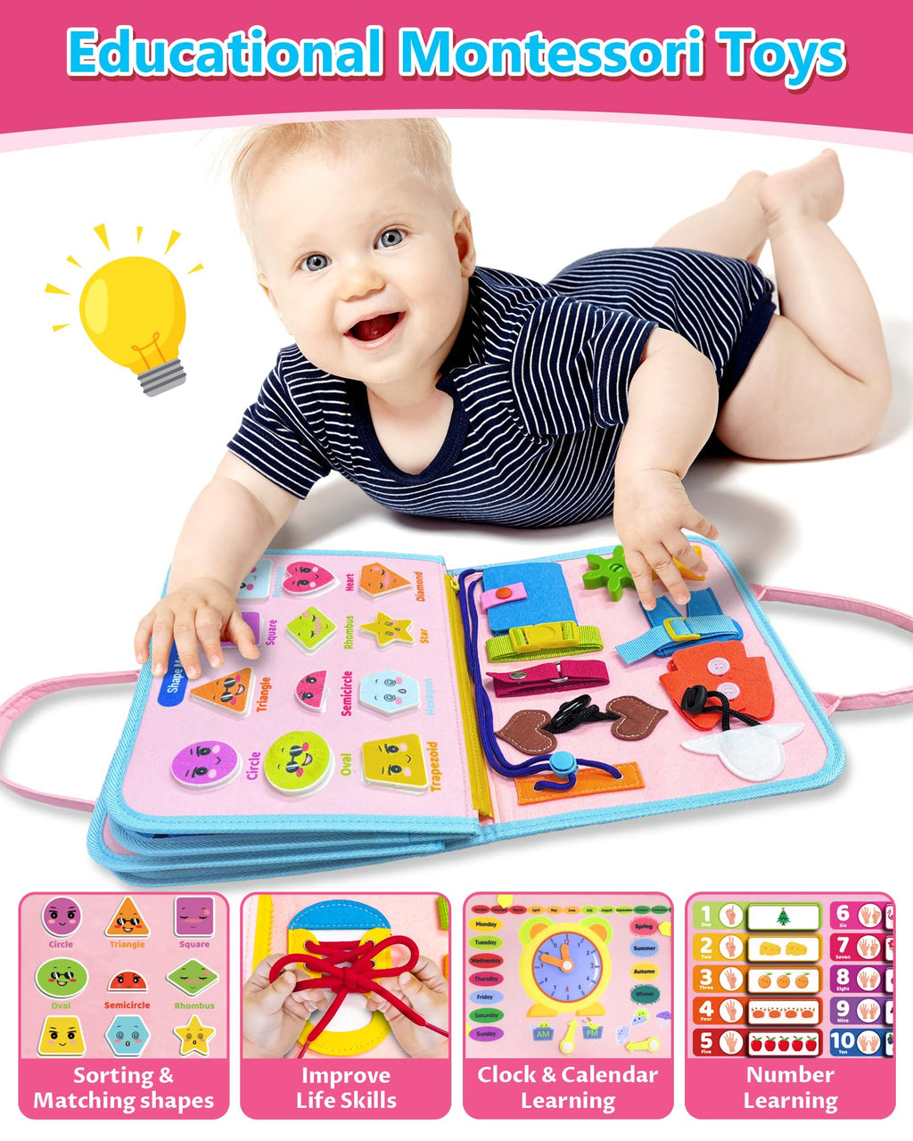 Exorany Busy Board Montessori Toys for Toddler Girl & Boy Birthday Gifts, Busy Book Learning Sensory Toys for Toddlers, Toddler Travel Toy Educational Activities Learn Fine Motor Skills