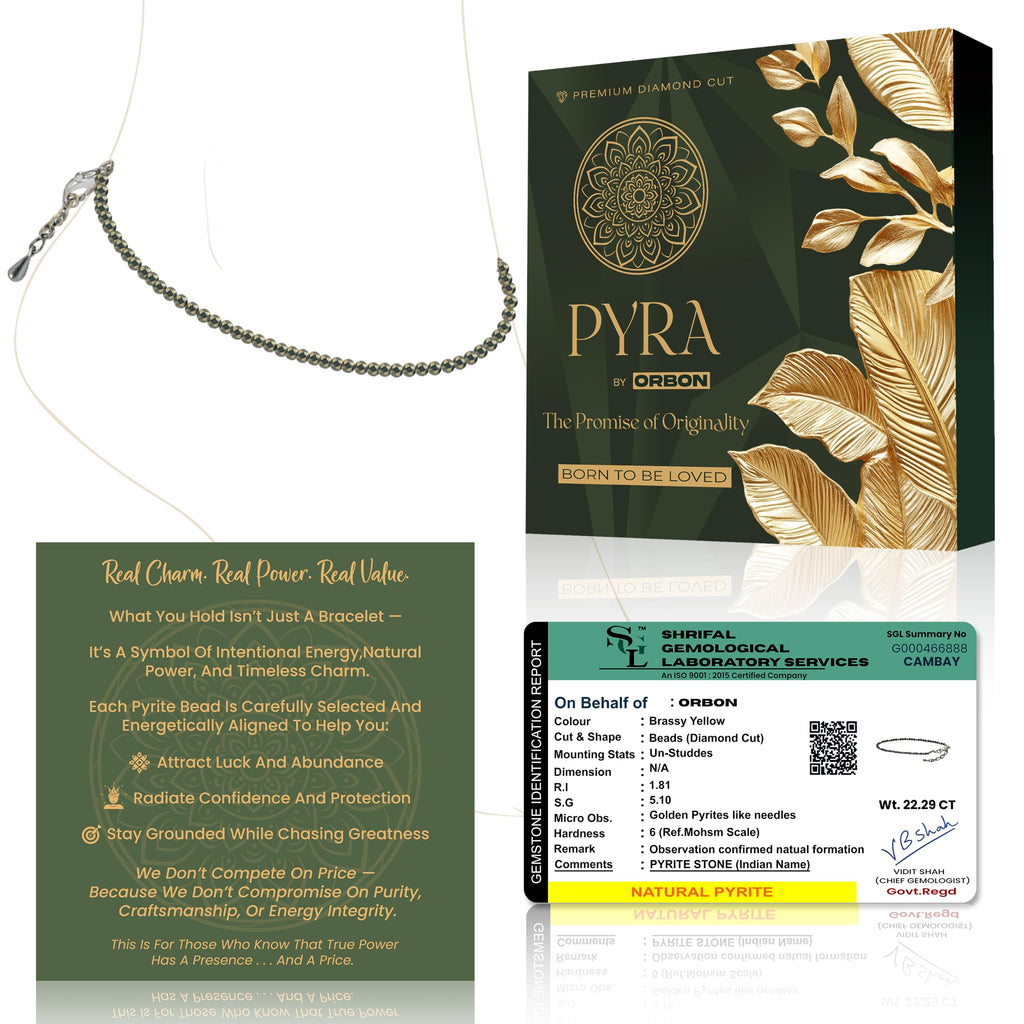 ORBON Original Certified Raw Pyrite Anklet for Women | Natural Raw Pyrite Crystal Ankle Bracelet for Wealth & Abundance | Genuine Stone, Adjustable Fit, Astrologer Recommended | Success Energy with Activation Card & Authenticity Certificate (2 MM BEADS)