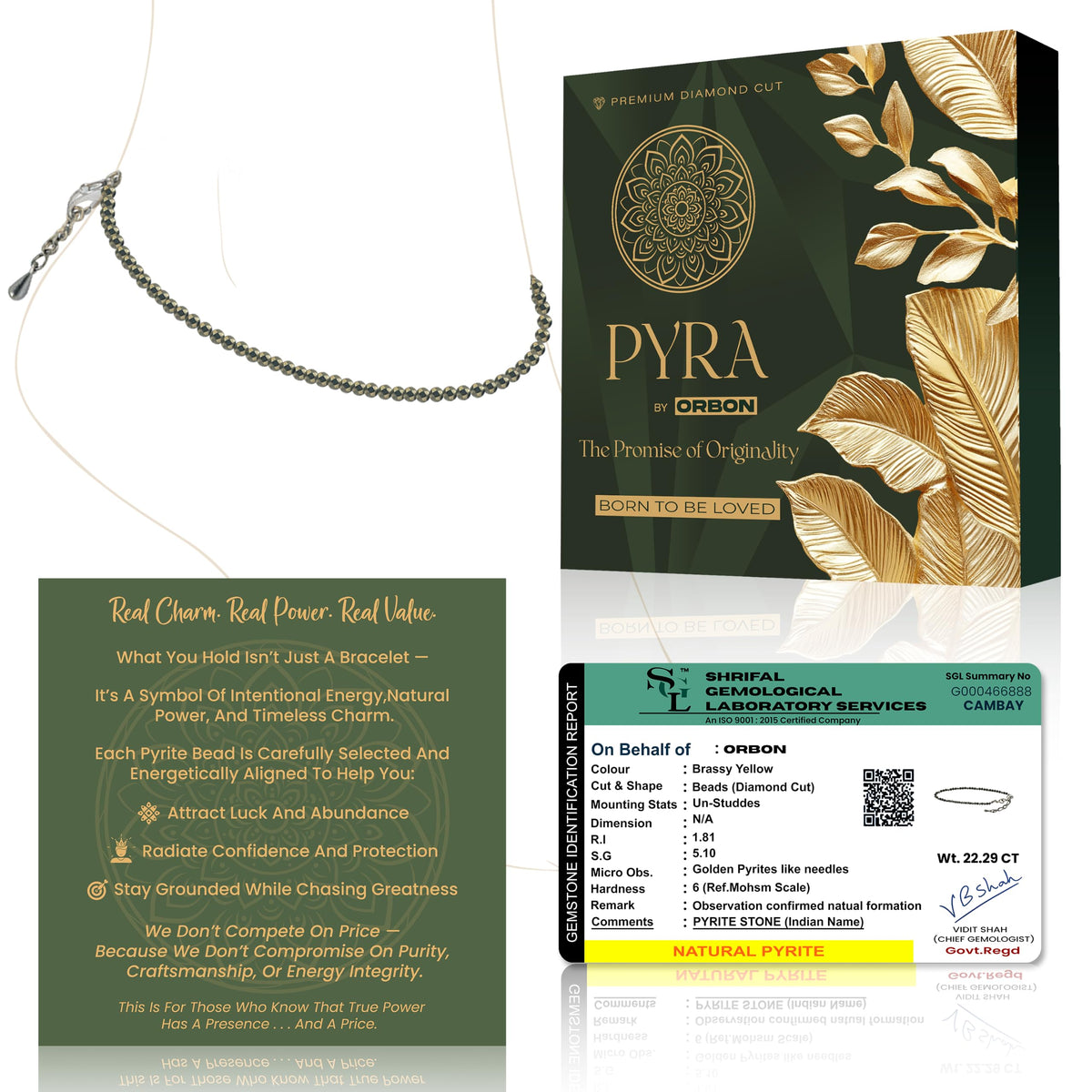 ORBON Original Certified Raw Pyrite Anklet for Women | Natural Raw Pyrite Crystal Ankle Bracelet for Wealth & Abundance | Genuine Stone, Adjustable Fit, Astrologer Recommended | Success Energy with Activation Card & Authenticity Certificate (2 MM BEADS)