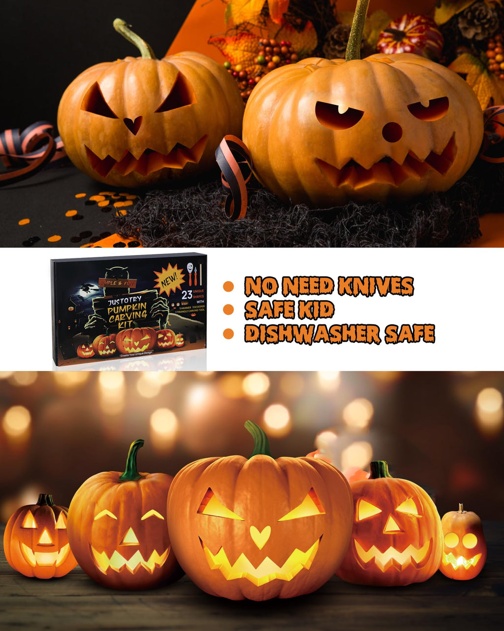 JUSTOTRY Pumpkin Carving Kit - Halloween Pumpkin Face Shape Cookie Cutters Tools Set Easy & Safe Adults Kids DIY, Stainless Steel 23 Molds with 3 Tools for Decoration Decorating Stencils Metal