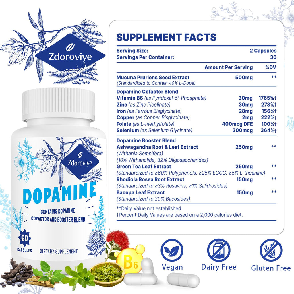 Zdoroviye Dopamine Supplements for Men and Women - Contains 500mg Mucuna Pruriens Extract (40% L-DOPA) - 60 Capsules (1 Pack)
