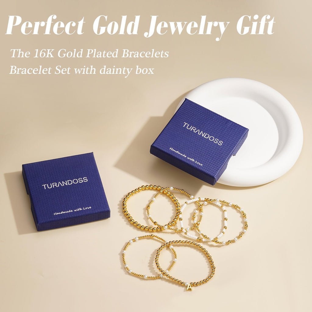 Turandoss 18K Gold Plated Beaded Initial Bracelet for Women Jewelry Gifts