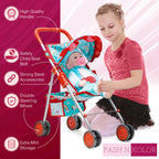 fash n kolor® - Doll Stroller My First Baby Doll Strollers Toy - Flower Design with Basket in The Bottom- Doll Accessories 2 Free Magic Bottles Included (Unicorn Design)