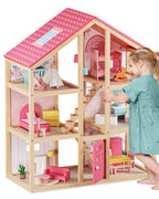 Tiny Land Wooden Dollhouse for Girls - 6 Rooms Wooden Doll House, DIY Pretend Doll House with 31Pcs Furniture Accessories, Creative Gift for Girl Ages 3+