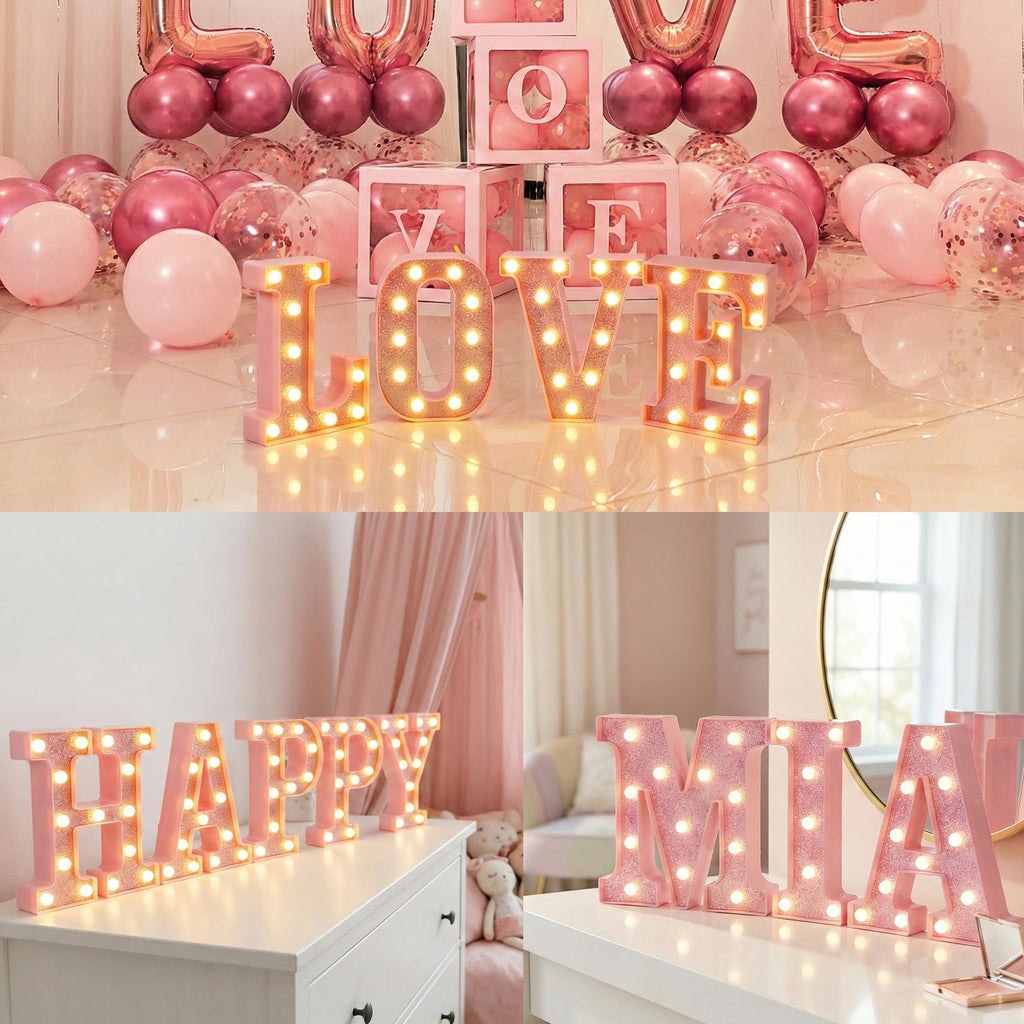 EUFONY Pink Marquee Light Up Letters, Glitter Alphabet LED Letter Lights for Pink Birthday Party Decorations, Battery Operated Letter Sign for Girls Room Vanity Table Decor, Warm White Lights Letter B
