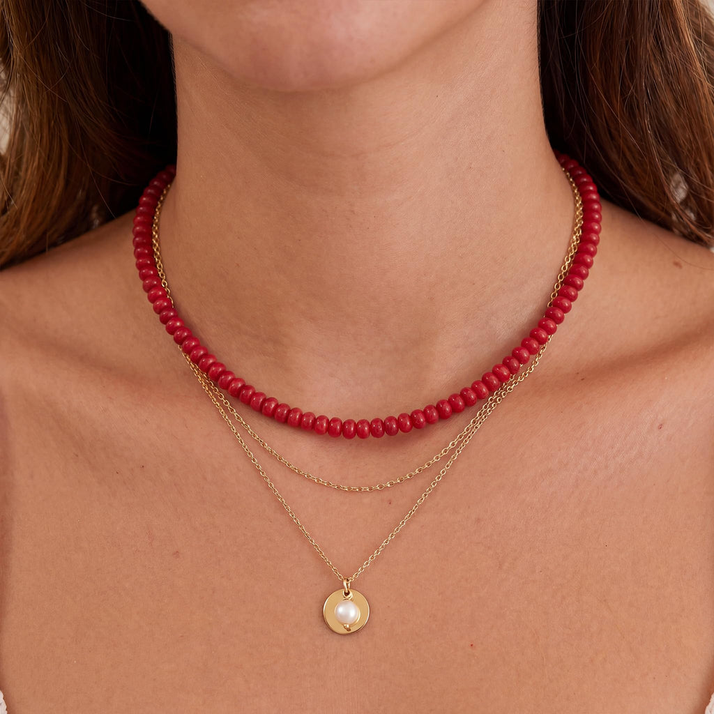 CONRAN KREMIX Red Stone Beaded Necklace for Women,Natural Gemstone Bead Choker Necklaces Boho Summer Beach Layering Necklace Jewelry Gift for Women