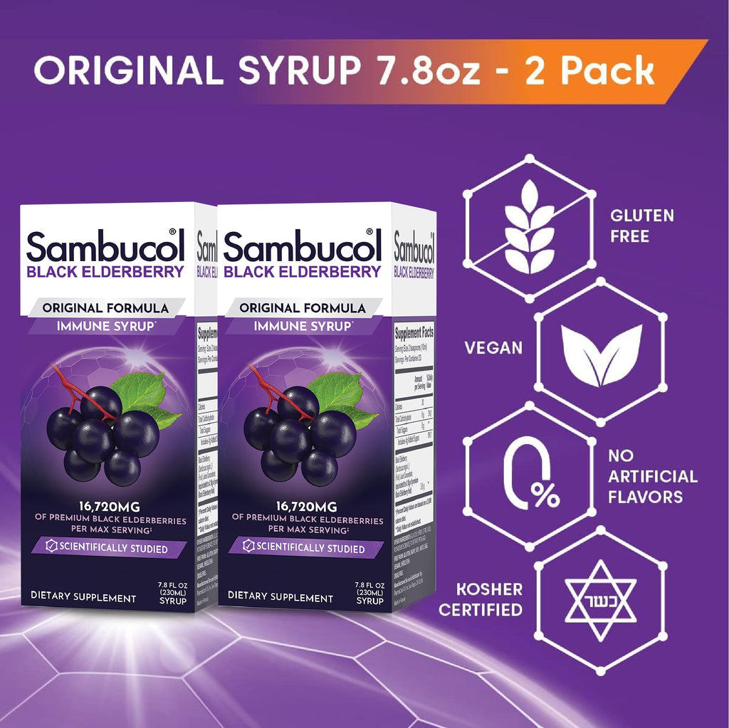 Sambucol Black Elderberry Syrup - Black Elderberry Liquid, Immune Support for Kids and Adults, High Antioxidants, Gluten Free - Original Formula - 7.8 Fl Oz, 2-Pack