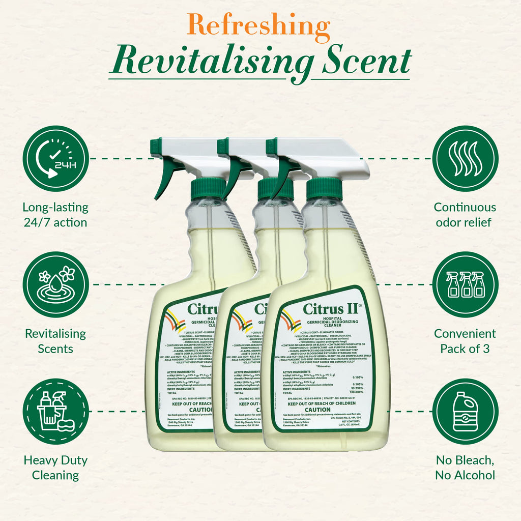 Citrus II Hospital Germicidal Deodorizing Cleaner - Fresh Citrus Scent - Disinfecting Spray Cleaner - 22 Fl Oz - Pack of 3