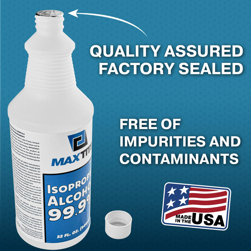 MaxTite 99.9% Isopropyl Alcohol (2 Gallons (8 Pack, 32 fl oz) - Includes Heavy-Duty Spray Nozzle - Made in USA