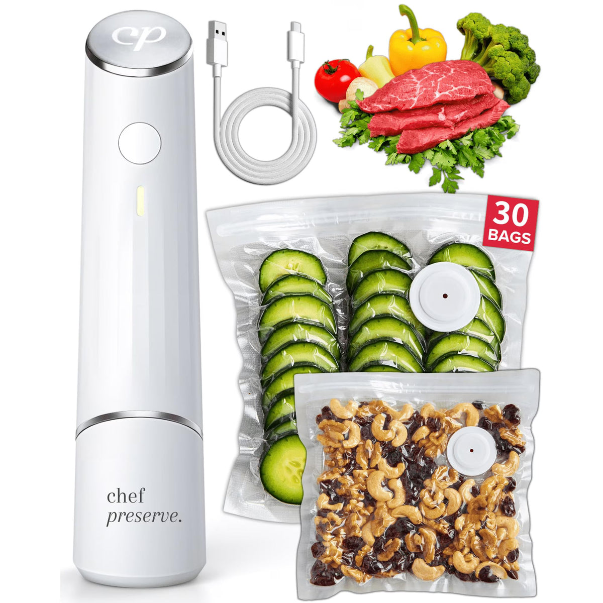 Chef Preserve Compact Vacuum Sealer for Food (Vacuum Sealer Machine + 30 Reusable Vacuum Bags) Powerful Handheld Vacuum Sealer Machine, Seal Meal Saver, Portable Food Sealer