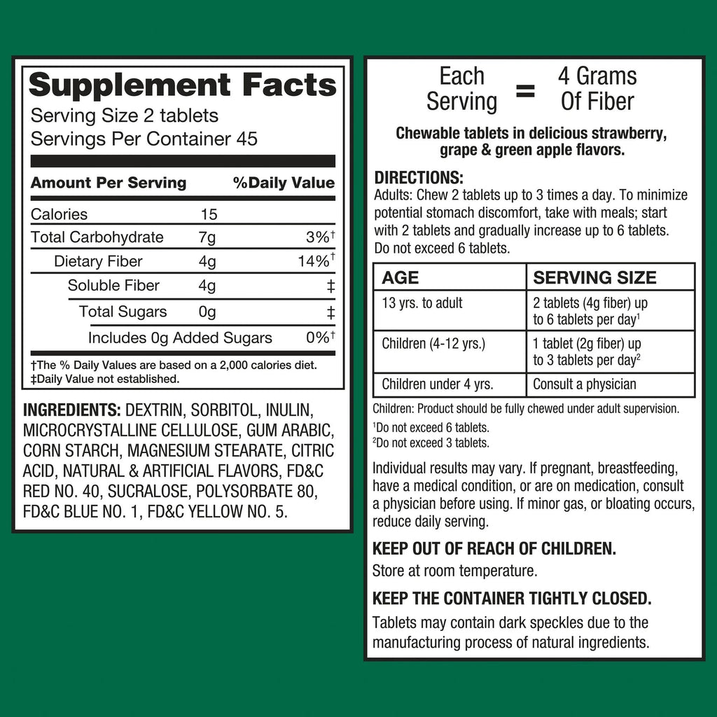 Daily Fiber Supplement Chewable Tablets – 90 Count, Sugar-Free Chews for Women and Men, High Fiber Content, Assorted Fruit Flavors, Chewable Tablets for Adults. (Pack of 1)