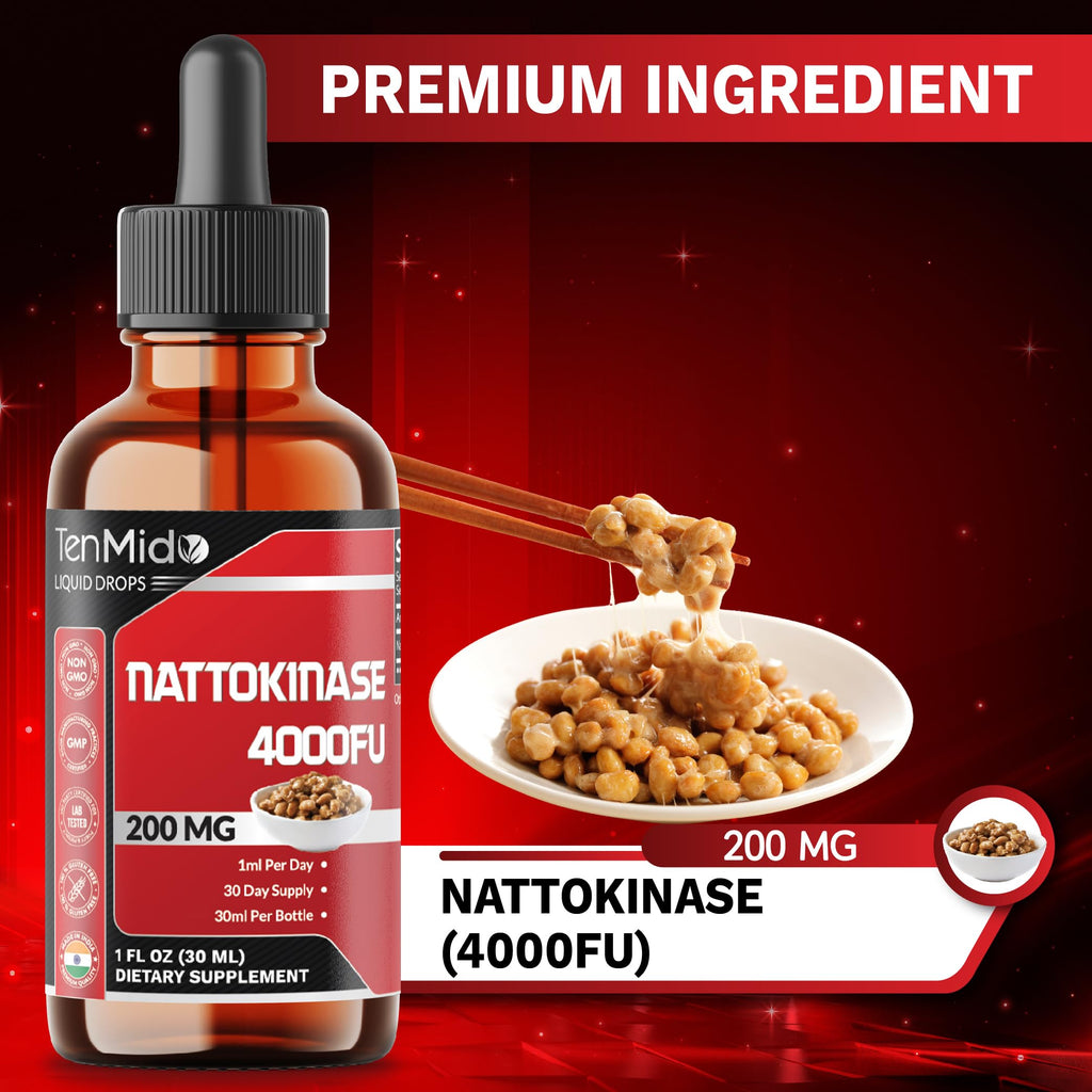 Tenmido Nattokinase Supplement Liquid Drops | Nattokinase 4000 FU | High Absorption | Alcohol-Free | Vegan, Non-GMO | 30ml 1Fl Oz