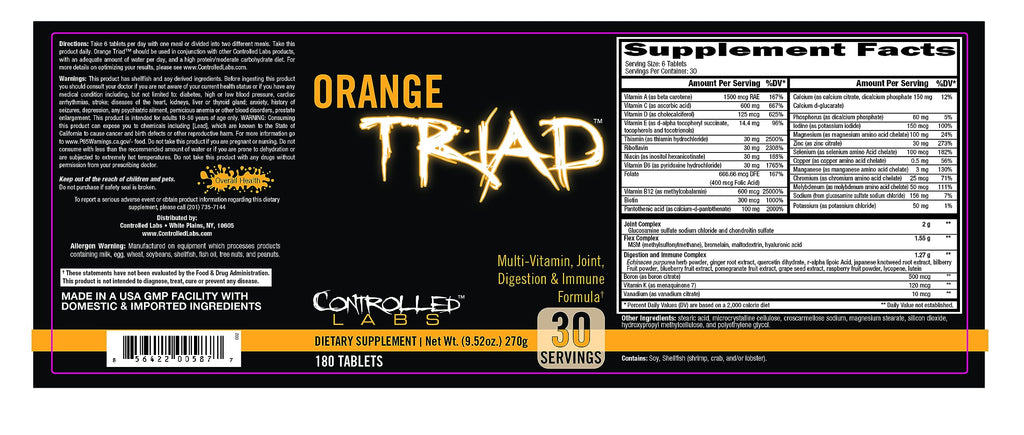 CONTROLLED LABS Orange Triad Daily Multivitamin, Iron Free Sports Supplement for Workout, Digestion, Immune, and Joints, 30 serv - Tablets (180 Count (Pack of 1))