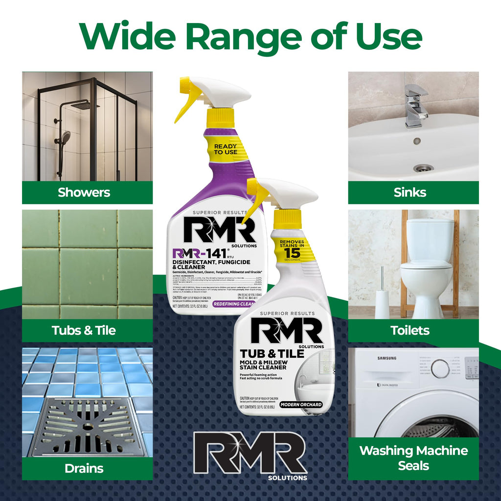 RMR Bathroom Brilliance Bundle – Tub & Tile Stain Spray + RMR-141 EPA Registered Mold & Mildew Remover, 2-Step Bathroom Cleaning & Disinfecting System for Showers, Sinks, Tile, Grout, 2–32 Oz Bottles