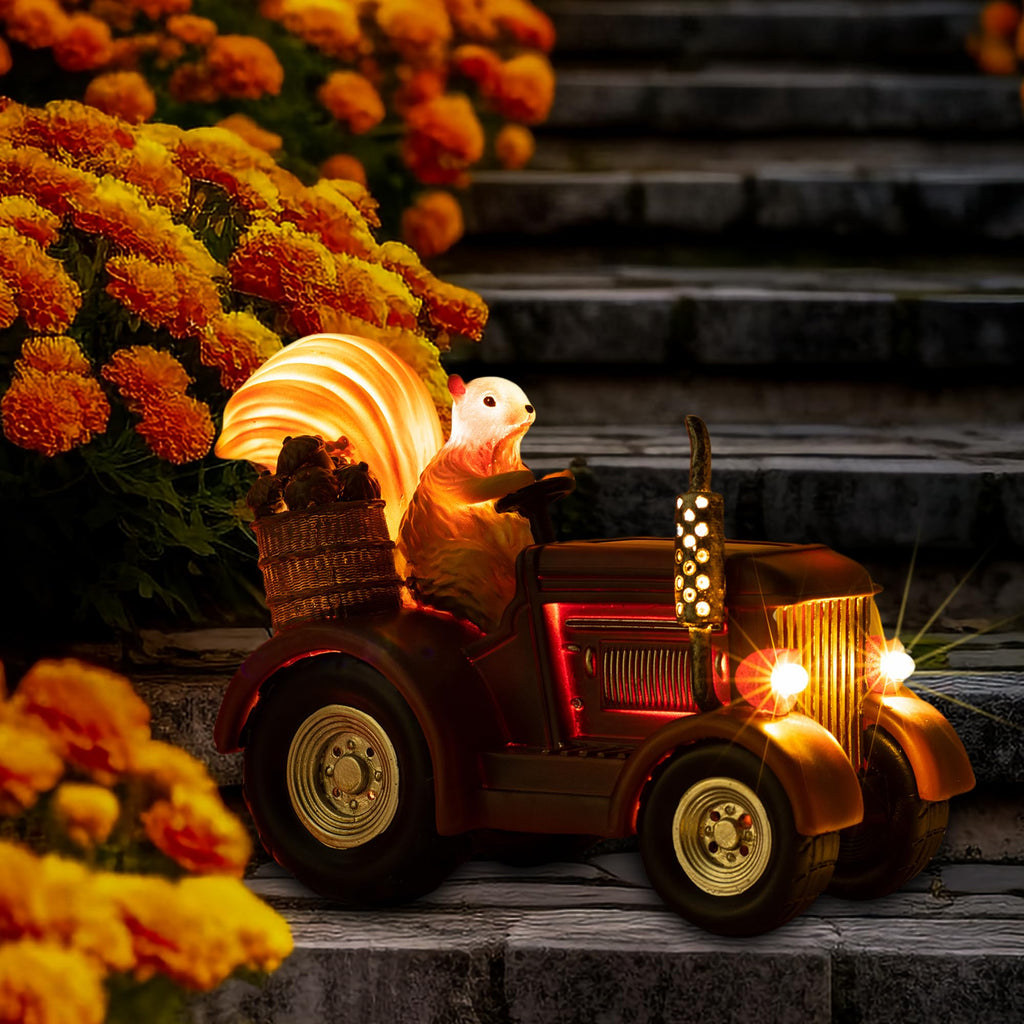 YUETJIN Solar Lighted Squirrel's Farm Tractor Statue