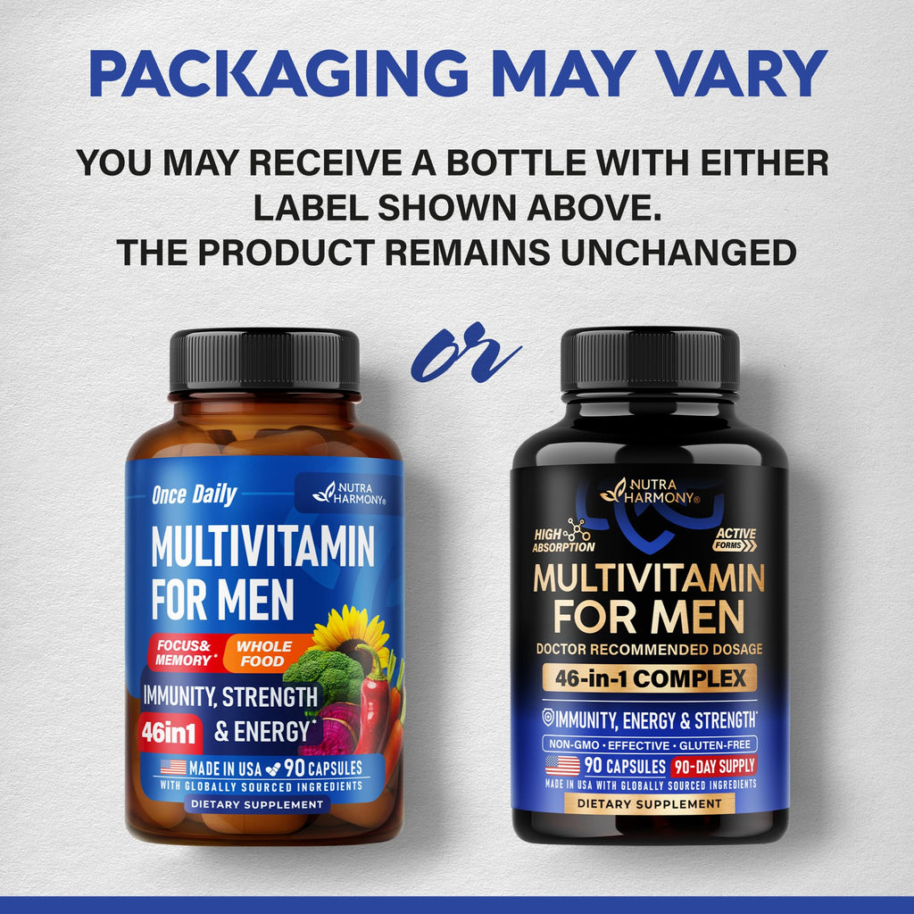 Multivitamin for Men - B-Complex | Whole Foods & Enzymes - Energy, Focus & Brain | Men's Health Complex - 46in1 Mens Multivitamin - Bioavailable & Gentle on Stomach - Made in USA - 90 Capsules, 1/Day