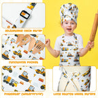 GROBRO7 4Pcs Kids Apron and Chef Hat Set Gift for Girls Boys, Dinosaurs Construction Vehicles Adjustable Kitchen Cooking Child Aprons with 2 Pockets Waterproof Smocks for Baking Painting Crafting