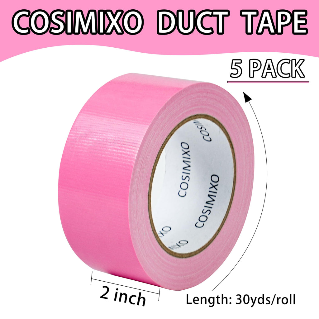COSIMIXO 5-Pack Pink Heavy Duty Duct Tape, 2 inches x 30 Yards, Strong, Flexible, No Residue, All-Weather and Tear by Hand - Bulk Value for Repairs, Industrial, Professional Use