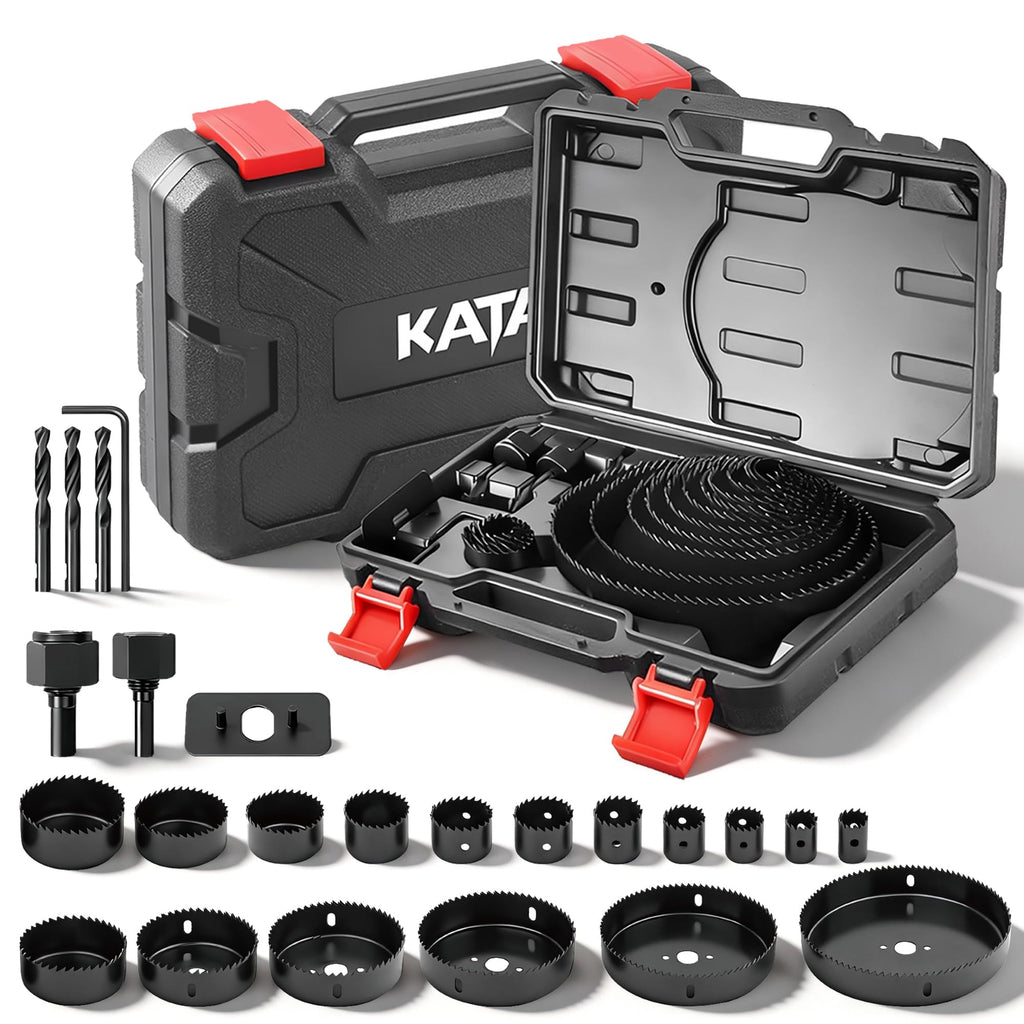 KATA Hole Saw Kit, 24PCS Hole Saw Set with 3/4"-6"(19-152mm) Multi-Size Saw Blades, Precision Hole Saw Drill Bit Kit with Mandrels & Solid Storage Case Cutting for Drywall, Soft Wood, PVC, Plastic