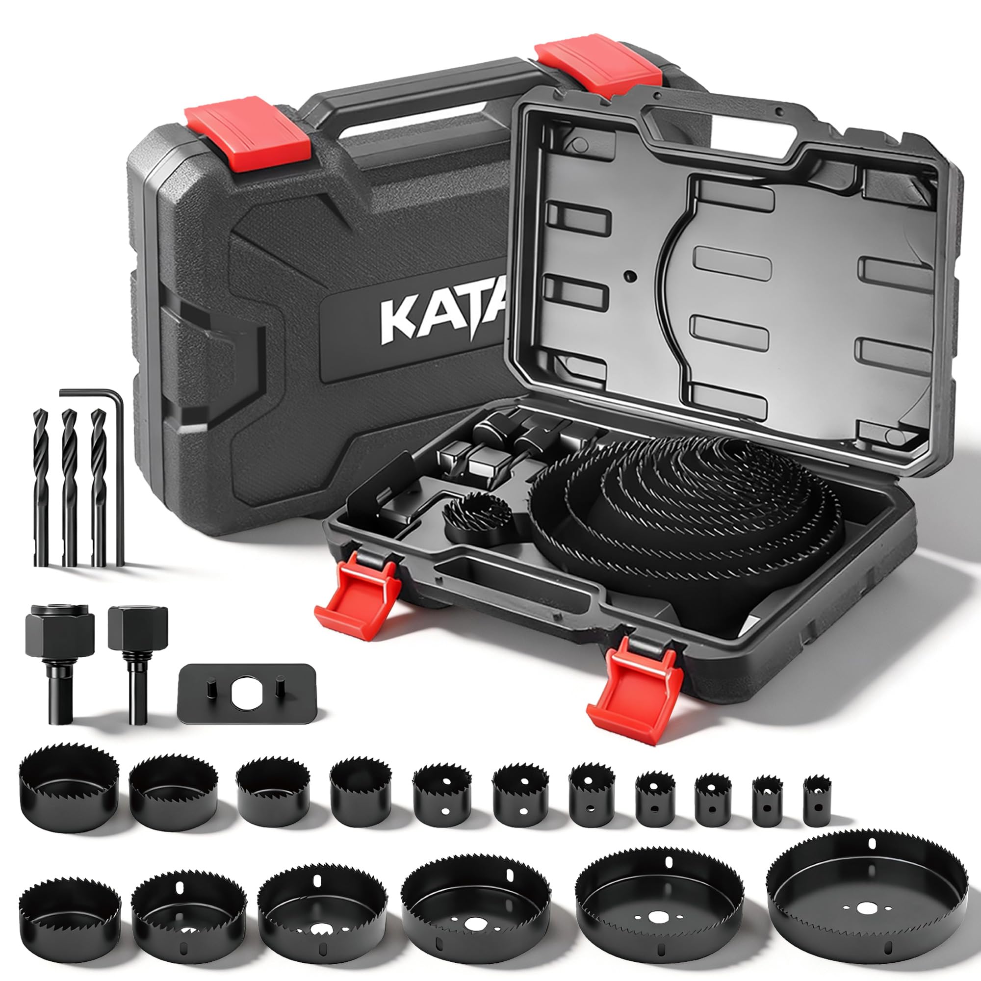 KATA Hole Saw Kit, 24PCS Hole Saw Set with 3/4"-6"(19-152mm) Multi-Size Saw Blades, Precision Hole Saw Drill Bit Kit with Mandrels & Solid Storage Case Cutting for Drywall, Soft Wood, PVC, Plastic