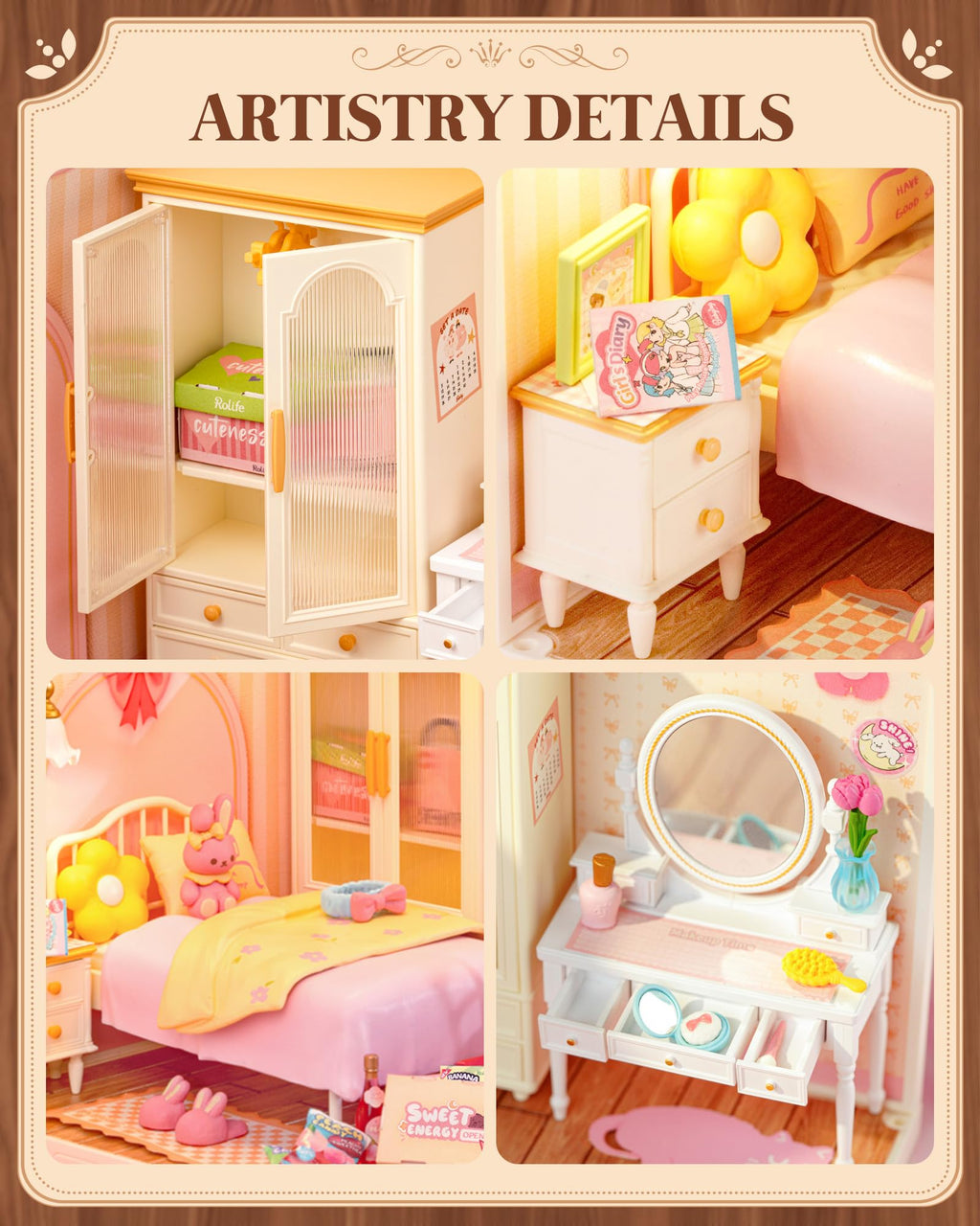 Rolife Super Creator Series, DIY Mini Lovely Pink Bedroom Dollhouse House Kit, Bulid Scenary for Action Collectible Figures, Creative Gifts for Women Kids Adults