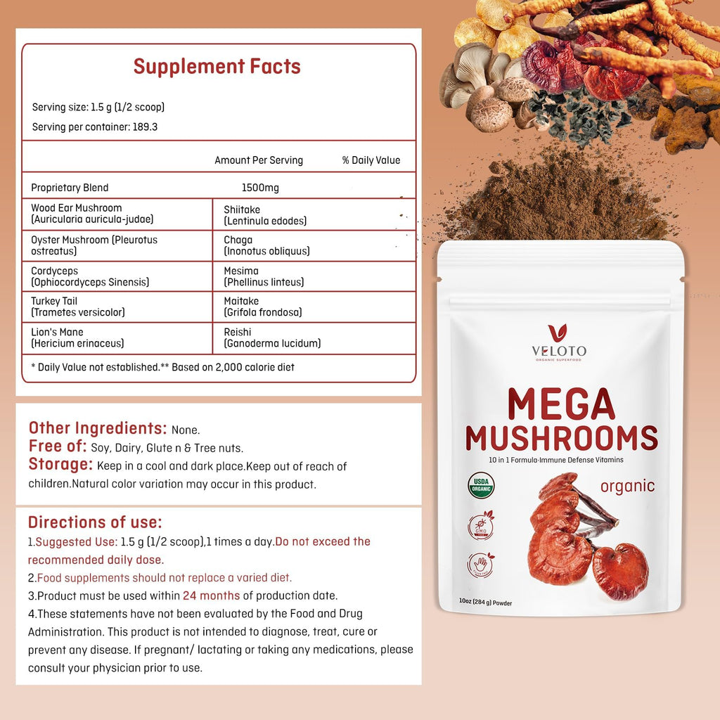 VELOTO Organic Mega Mushroom Powder Blend,10 in 1 Complex Mushroom Extract Powder Herbal Supplement with Reishi, Cordyceps, Chaga, Lion's Mane, Vegan & More, Sustainably US Grown, Filler Free, 10oz