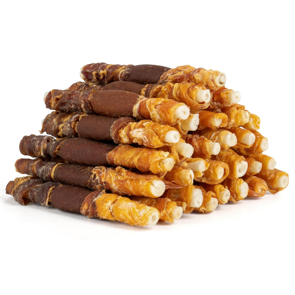 MON2SUN Dog Treats, 5 Inch Triple Flavor Wrapped Rawhide Sticks, 21.16oz
