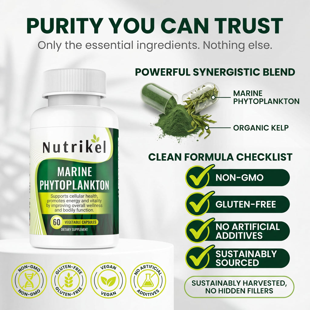 Marine Phytoplankton Omega 3 Supplement – Plant-Based Algae Capsules for Energy, Focus & Cellular Support – Vegan Superfood for Brain, Heart & Skin Health – 1,000mg – 60 Vegan Capsules