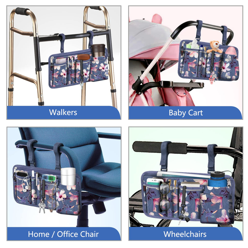 FINPAC Wheelchair Side Storage Bag w/Cup Holder, Wheelchair Armrest Accessories Pouch with Pen Slot and Reflective Strips for Power Walkers, Rollators, Seniors - Blooming Hibiscus