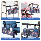 FINPAC Wheelchair Side Storage Bag w/Cup Holder, Wheelchair Armrest Accessories Pouch with Pen Slot and Reflective Strips for Power Walkers, Rollators, Seniors - Blooming Hibiscus