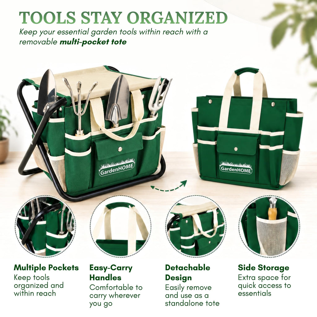 GardenHOME 7-Piece Gardening Tool Set with Folding Stool and Storage Tote Bag, Stainless Steel Garden Tools with Wooden Handles, Garden Kit for Planting, Weeding, Pruning, Yard Work, Gardening Gifts