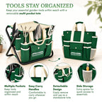 GardenHOME 7-Piece Gardening Tool Set with Folding Stool and Storage Tote Bag, Stainless Steel Garden Tools with Wooden Handles, Garden Kit for Planting, Weeding, Pruning, Yard Work, Gardening Gifts