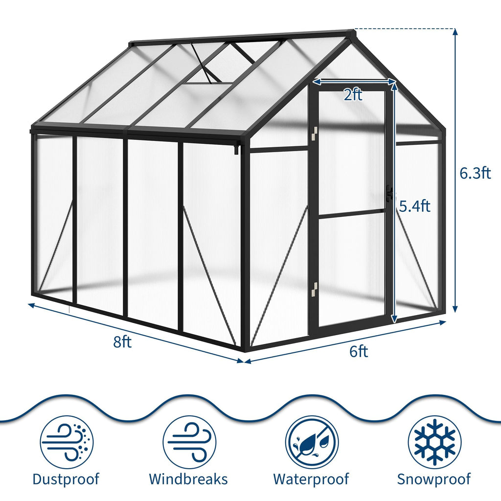 6x8FT Polycarbonate Greenhouse, Walk-in Outdoor Aluminum Frame Greenhouse with Roof Vent, Lockable Push Door for Garden, Backyard, Patio & Lawn