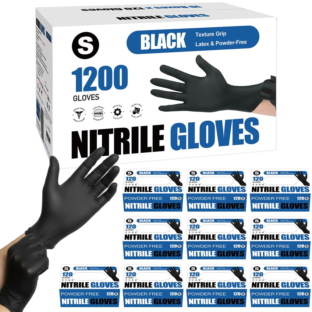 Fixwal 1200pcs Black Nitrile Disposable Gloves, 4 Mil, Latex Free & Powder Free, Food Grade for Cooking BBQ Food Prep, Cleaning, Automotive, Salon - Bulk Size